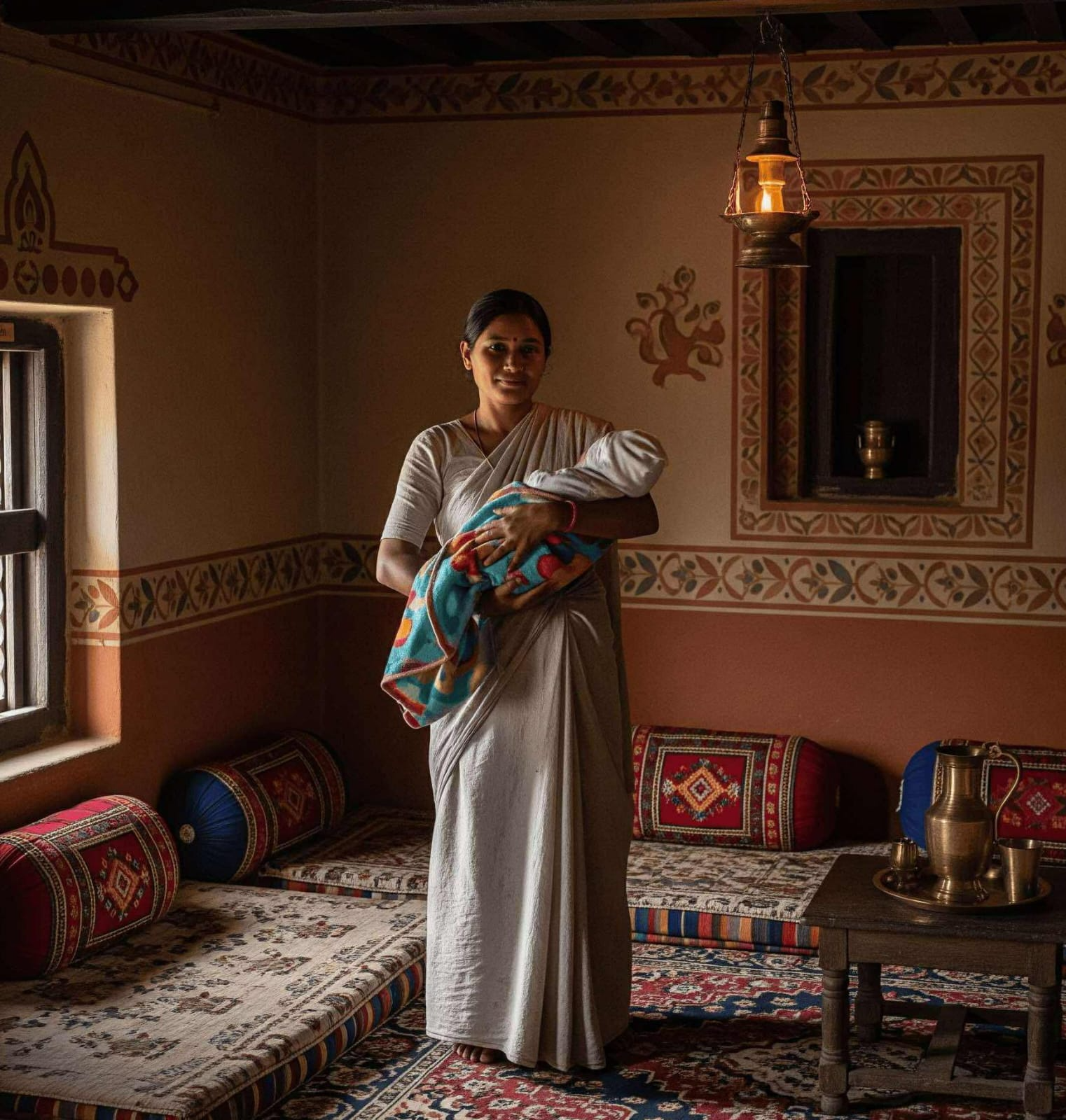 A mother holding her child during babysitting in a traditional home setting
